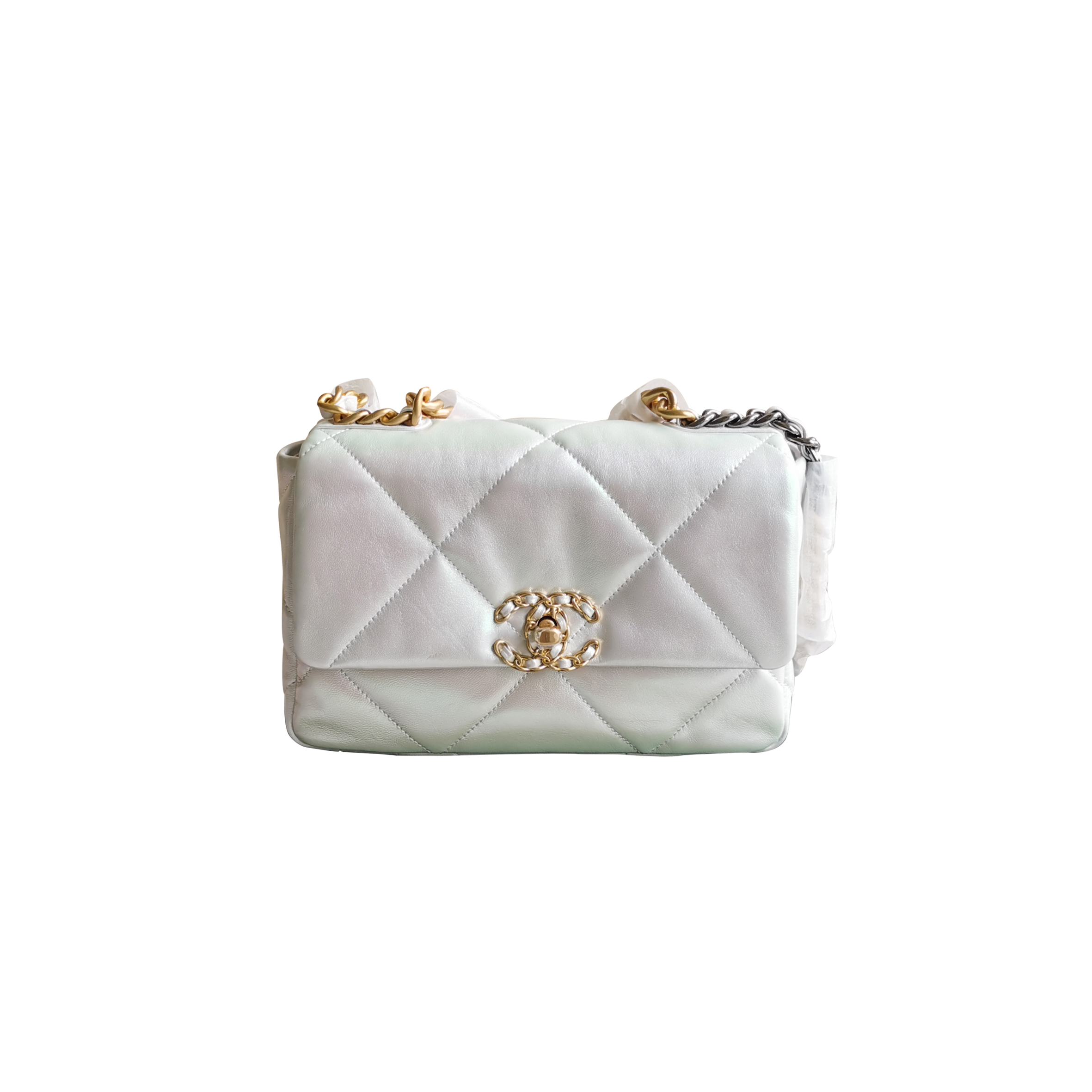 Ch*el iridescent white lambskin quilted 19 flap medium mixed hardware flap light gold as1160 (26*17*8cm)